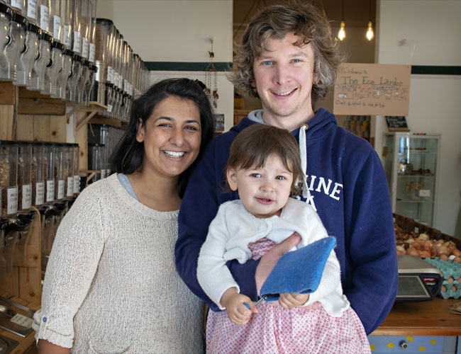 Matt Foulds photographed in The Ecolarder Shop with his family, Stephanie and Jasmina