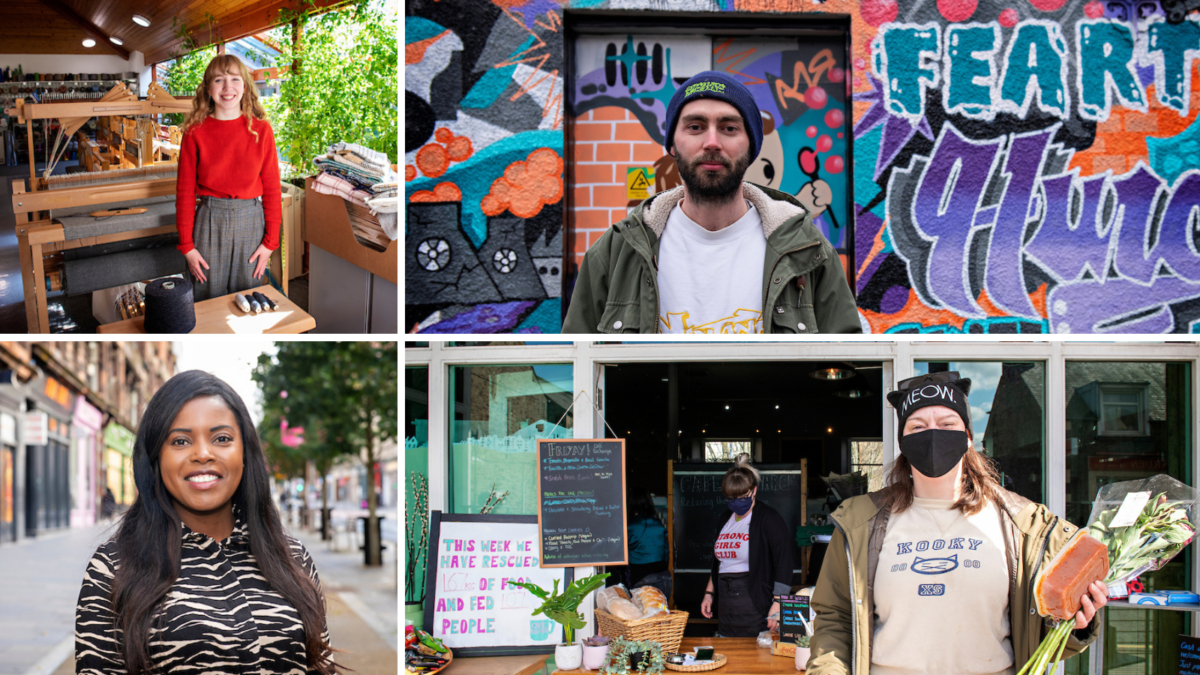 Collage of photos of four Firstport Awardees: Young woman smiling at the camera, standing in workshop in front of loom. Male with hat and beard looking at the camera, standing in front of wall with graffiti design. Woman smiling at camera standing in quiet street with trees and shop fronts in the background. Someone wearing a mask standing in front of the entrance to a cafe, holding flowers and food they have just bought.