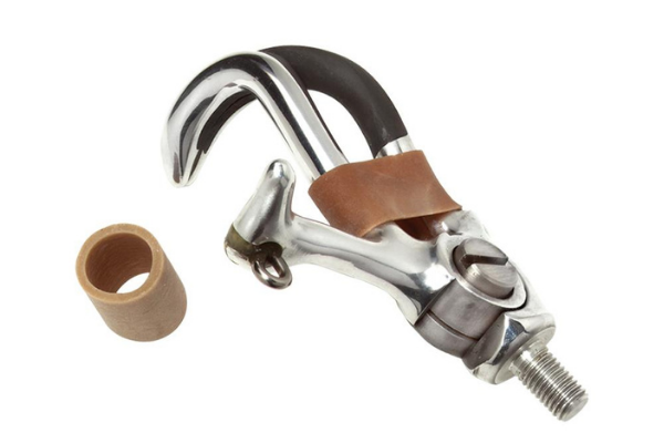 Metal device with screw for attachment. Two prongs curve in a hook shape, joining together at the end. 