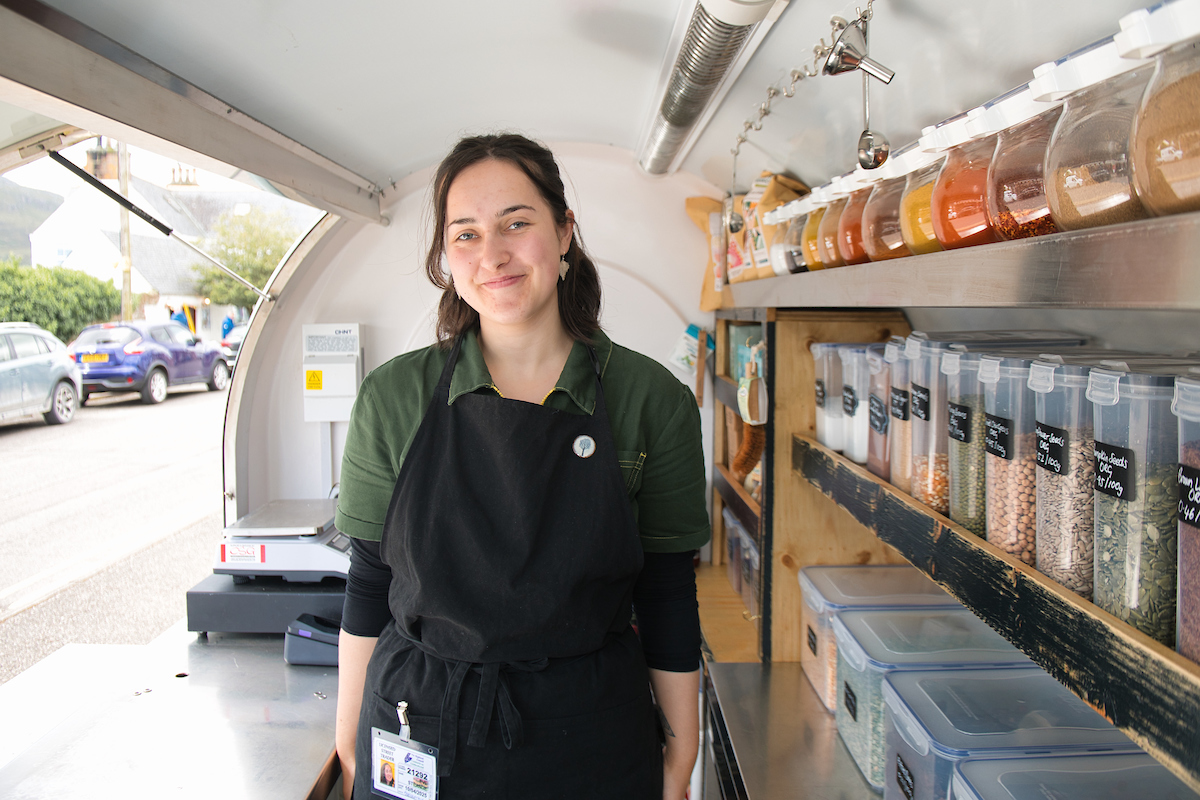 Image of Evie in the Ullapool Unpacked van