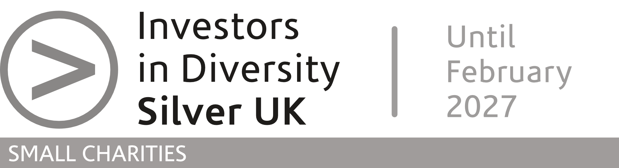 Investors in Diversity logo with the words 'Investors in Diversity Silver UK Small Charities Until February 2027'