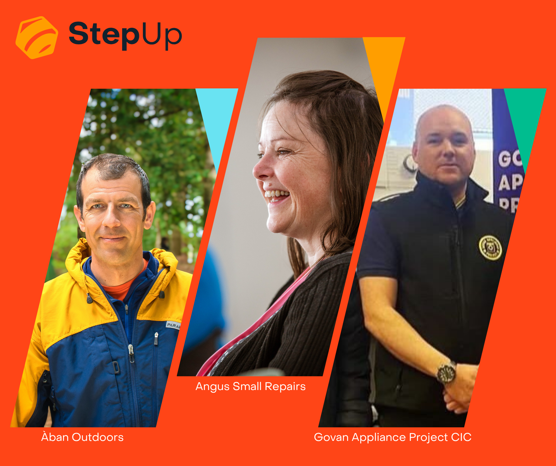 Step Up graphic with images of Johannes from Àban, Helen from Angus Small Repairs and Wes from Govan Appliance Project CIC.