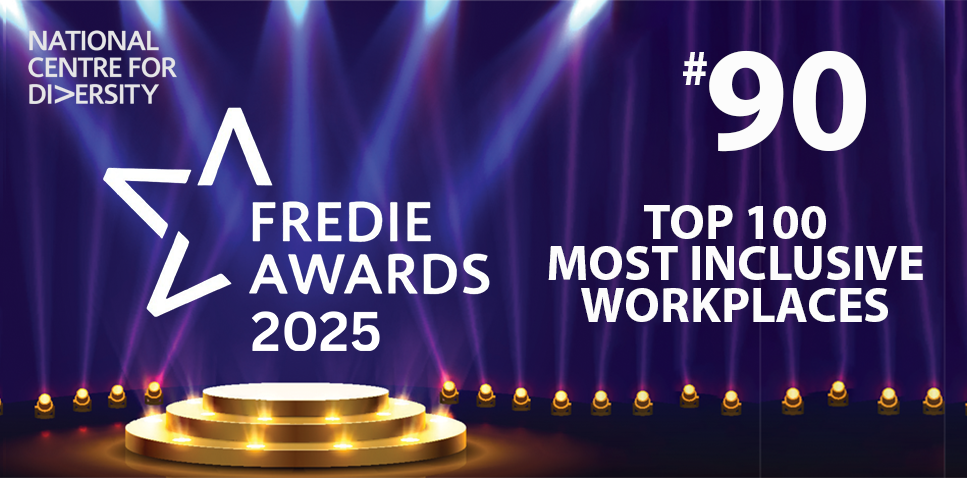 Image with lights and a stage with the words 'FREDIE Awards 2025 #90 Top 100 Most Inclusive Workplaces. National Centre for Diversity'.