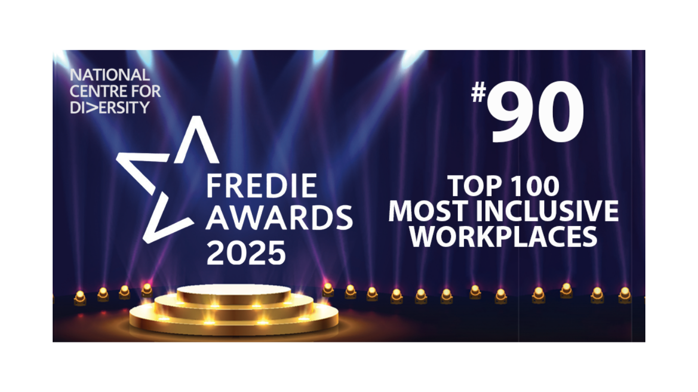 Image with lights and a stage with the words 'FREDIE Awards 2025 #90 Top 100 Most Inclusive Workplaces. National Centre for Diversity'.
