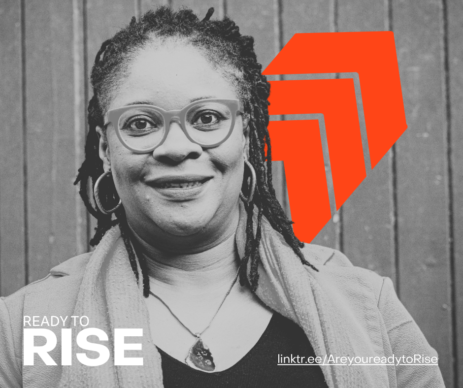 A woman with glasses smiles and looks at the camera. The image has Ready to RISE written on it and an orange arrow pointing upwards.