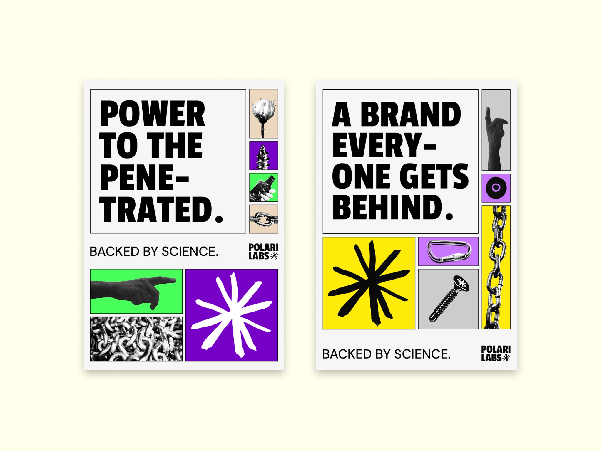 Two graphic posters with bold black text reading “POWER TO THE PENETRATED.” and “A BRAND EVERYONE GETS BEHIND,” alongside colourful blocks with abstract shapes, chains, and hand imagery, branded “Polari Labs” and “Backed by Science.”